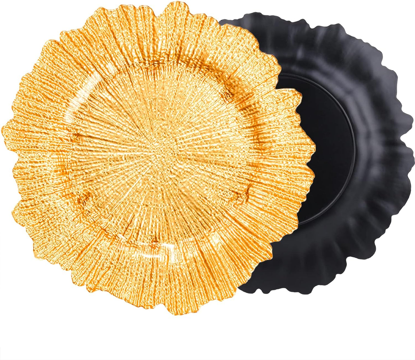 Set of 2 - 13" Gold Charger Plates, Plate Chargers with Flora Reef Design, Plastic Round Ruffled Rim Dinner Charger Plates for Dinner Wedding Party Decoration