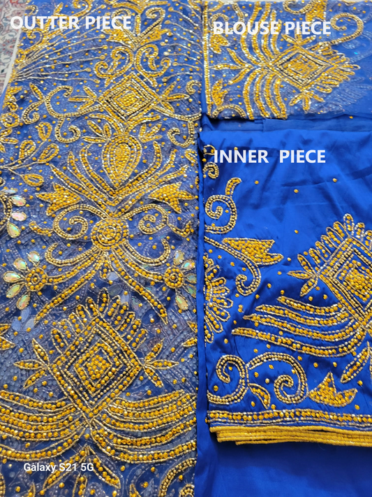 Royal Blue Net & Taffeta George Wrapper with Gold Rhinestone 3 Piece, 6 Yards