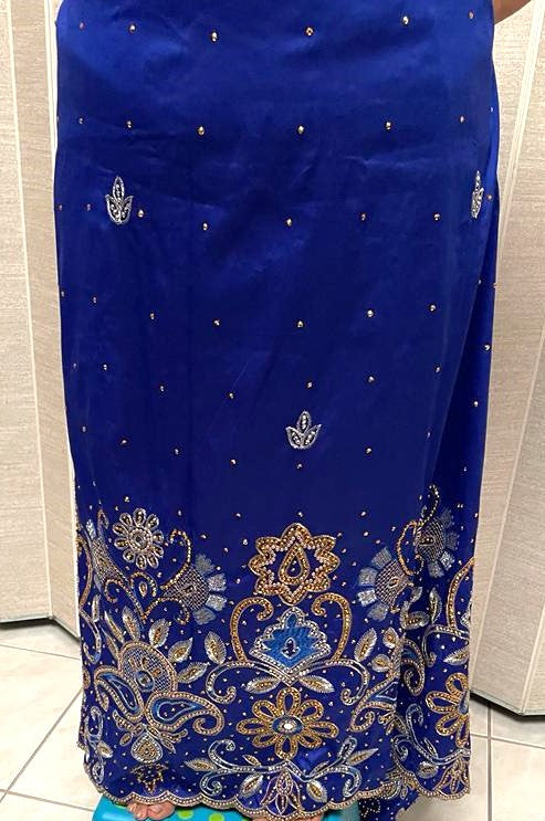 Royal Blue Net & Taffeta George Wrapper with Gold Rhinestone 3 Piece, 6 Yards